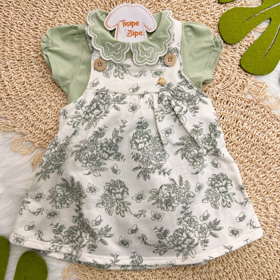 Conj. Body Gola Bordada Borboletas e Salopete Floral - Verde